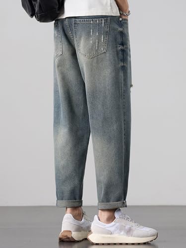 Baggy Straight Leg Ripped Jeans for Men Distressed Vintage Denim Pant Loose Ankle Length Harem Skater Street Jeans2