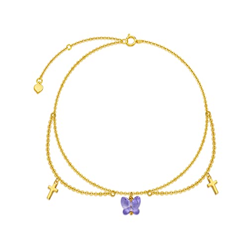Sisgem 14K Yellow Gold Butterfly Cross Anklets For Women Girls,Real Gold Cross Butterfly Ankle Bracelet Dangle Foot Jewelry Sea Beach Gifts For Birthday Anniversary 8+2 Inch (Purple Butterfly-Cross) #TOP19