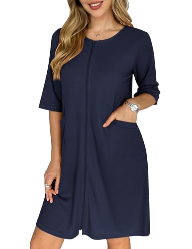 Image of Ekouaer Zip Up Robes for Women Short Waffle Bathrobe Lightweight house coat 3 /4 Sleeve Soft Nightgown with Pockets S-3XL