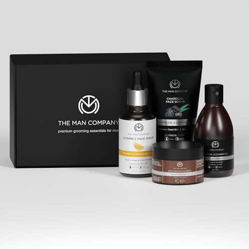 The Man Company on Point Facial Kit with Vitamin C Serum, Charcoal Face Wash & Face Scrub, daily Moisturizing Cream | Soft & Supple Skin | Anniversary Gift Set |