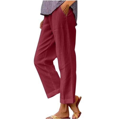 Women's Casual Boho Cotton Linen Pants Summer Spring Baggy Beach Trousers Elastic Waist Drawstring Straight Leg Pant Red