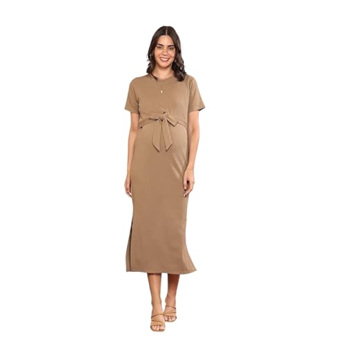Image of MomToBe Women's Bodycon Calf Length Polyester Maternity Dress for Pre and Post Pregnancy