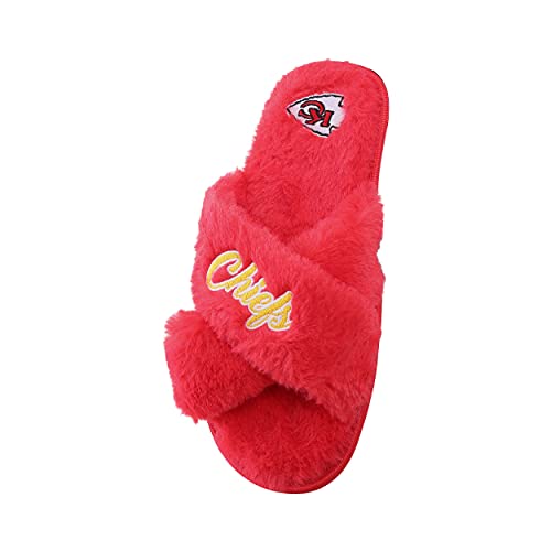 Image of FOCO Womens NFL Team Script Wordmark Fuzzy Cross Slide Slippers
