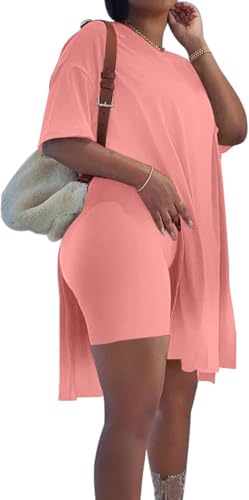 Image of AXOSY Women Plus Size 2 Piece Outfits Short Sleeve Tunic Tops and Skinny Biker Shorts Sets Tracksuits