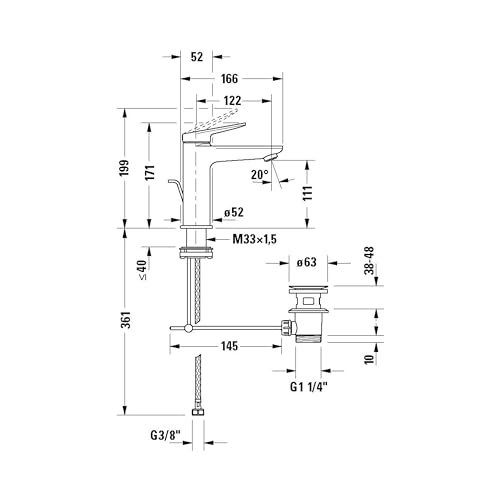 Duravit Wave Waschtischarmatur, Größe M (Auslauf Höhe 111 mm), Wasserhahn Bad mit Zugstangen-Ablaufgarnitur, Armatur Waschbecken, Gold Poliert