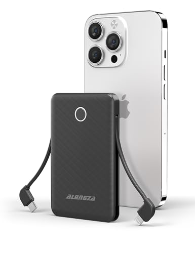 Alongza 6000mAh Portable Charger with Built-in Cables, Ultra Slim Mini Power Bank & Fast Charging USB C, Lightweight Travel Essential Battery Pack for iPhone, Samsung, Android (Black)