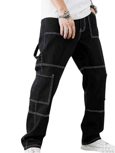 Men's Straight Leg Multi Pocket Workwear Jeans Dark Blue Casual Jeans