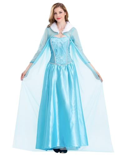 YOSICIL Robe de Princesse Elsa pour Femme Adulte Cosplay Reine de Neige Déguisement du Royaume de Glace avec Cape en Toile Transparente au Sol, L