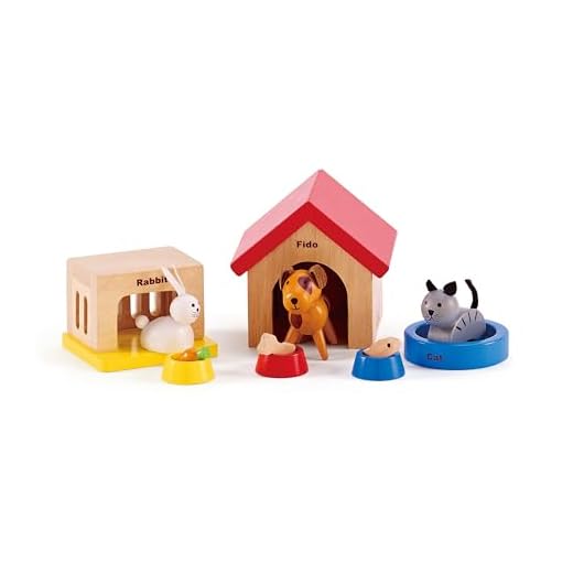 Hape International Haustiere für die ganze Familie aus Holz für Puppenhäuser von Hape | Ergänzung zum Puppenhaus aus Holz mit den fröhlichen Tierfreunden Hund, Katze, Kaninchen, mit passendem Haus bzw. Schlafplatz und Futterschüssel