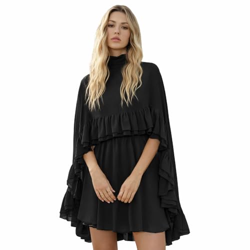 ENGWO Womens Semi Sheer Chiffon Ruffle Dress with Outer Cape Poncho Sleeve Flowy Mini Dress Loose Fit Elegant Summer Dress (US Alpha Medium Regular Regular Black)