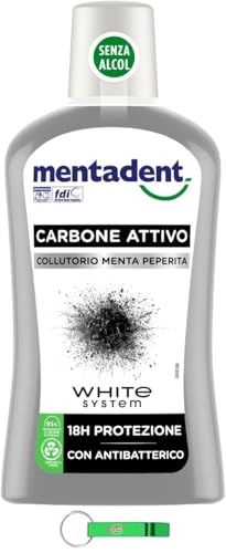 8 X MENTADENT Collutorio Carbone Attivo – Collutorio quotidiano per l'igiene orale, intenso effetto fresco, protezione di denti e gengive, 500 ml + portachiavi Beni Culinari gratuito