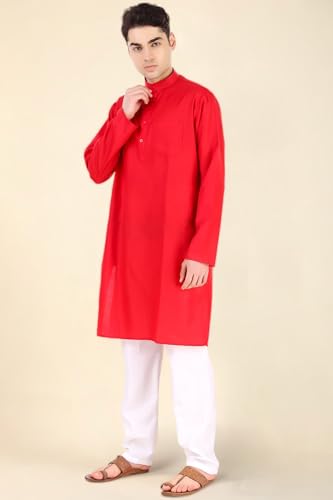 Image of Men's Cotton Solid Kurta Set Mandarin Collar Regular Fit Long Sleeves Ethnic Dress