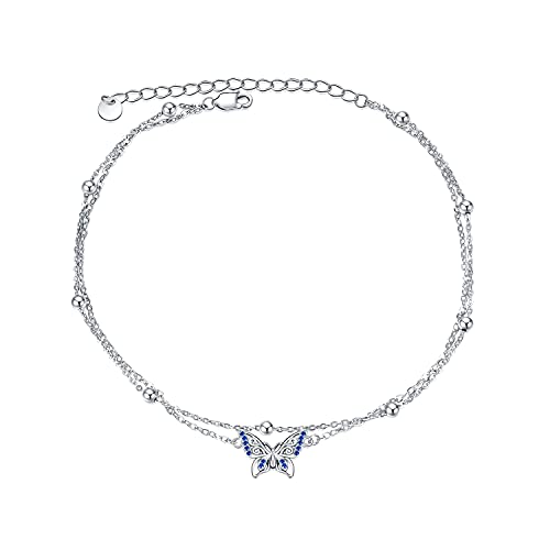 Image of POPLYKE 925 Sterling Silver Double Layered Chain Evil Eye Daisy Sunflower Butterfly Anklets for Women Holiday Beach Crystal Ankle Bracelet Dainty Evil Eye Jewelry