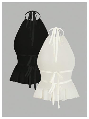 SHENHE Women's Sexy Backless Tie Back Halter Top Ruched Ruffle Hem Going Out Top 2 Pack2
