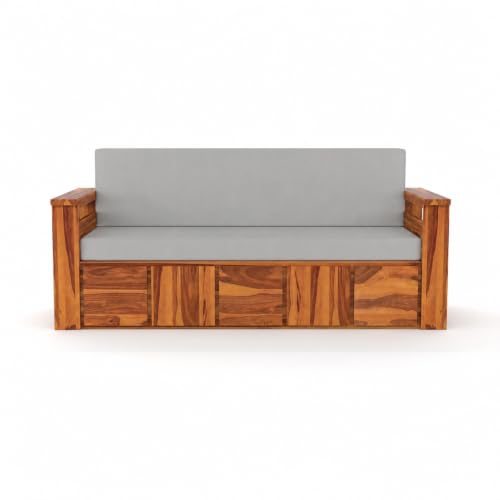 Image of Kunjal Furniture Solid Sheesham Wood Sofa Cum Bed with Storage for Living Room | Natural Finish | 3-Seater Convertible Sofa Bed | Handmade Wooden Furniture (Natural+Grey, Contemporary)