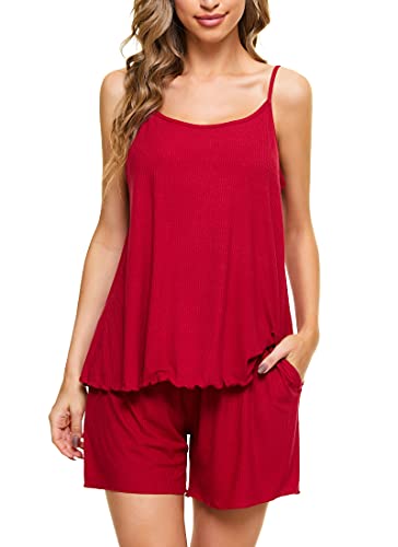 Pajama Sets for Women Loose Cami Shorts Sets Cute Nightwear 2 Piece Spaghetti Strap Lingerie Sleep Sets Pjs Set S-XXL (Cami Shorts - Wine Red, small)