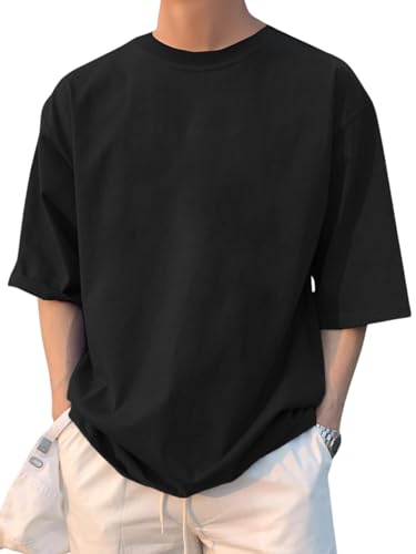 Image of LEOTUDE Half Sleeve Oversized Tshirt for Men, Round Neck Cottonblend Drop Shoulder Solid T-Shirt