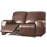 Waterproof PU Leather Like Recliner Slipcovers, 6 Pieces Recliner Chair Cover, Stretch Anti-Slip Sofa Covers with Side Pockets, Elastic Bottom, Full Protection for Pets, Kids (Brown, 2 Seat Loveseat)