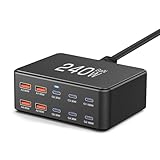 【パワフルな240W 急速充電器】これまでにない合計240W高出力&10ポート搭載したUSB充電器が登場しました！2つ100W対応のUSB-Cポート、4つ30W対応のUSB-Cポート、4つ 60W対応のUBS-Aポート搭載したPD充電器はラップトップ、ノートパソコン、タブレット、スマホ、ヘッドフォン、スマートウォッチ、Switch などの複数のデバイスを充電できます。充電待ちの時間を大幅に短縮し、充電のストレスから解放され、日常生活がより快適になります！ 【Max 100WのUSB-C/60Wの...