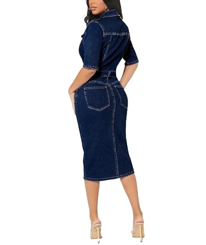 Sexyshine Women's Bodycon Denim Dress Elegant Half Sleeve 1/2 Button Down Placket Split Midi Denim Pencil Dress3