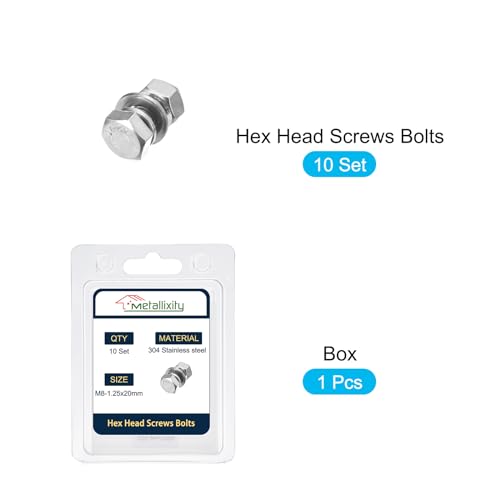 Image of METALLIXITY Hex Head Screws Bolts, Nuts, Flat & Lock Washers Kits (M8-1.25x20mm) 10 Set, Stainless Steel Fully Threaded Machine Screws Bolt Set - for Home Appliance Equipment