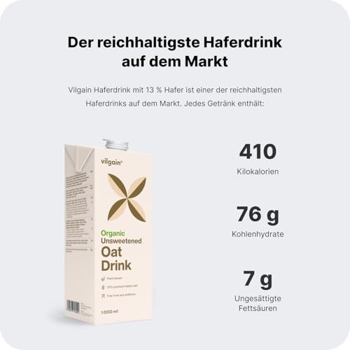 Vilgain Haferdrink BIO – Pflanzliches Getränk aus 13% italienischem Bio-Hafer, ohne Zusatzstoffe, vegan, laktosefrei, ideal für Cappuccino, Smoothies & Backen, 1000ml