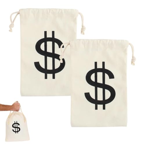 OIXYEY 2 peças saco dinheiro disfarce, saco símbolo dolar, saco de dinheiro ladrão, ladrão de bancos mala de dinheiro para atuação cénica, busca do tesouro, carnaval cosplay 20 x 25 cm (branco)