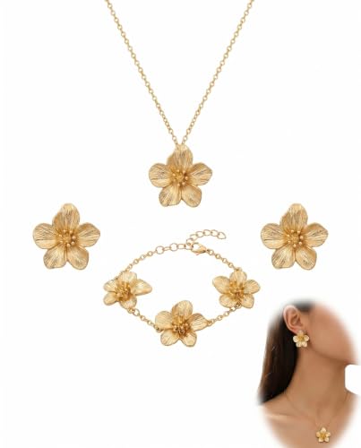 FIMWOLZ Set de Joyas para Mujer de 4 Piezas, Collar Vintage con Flores, Pulsera, Anillo Ajustable y Pendientes Dorados, Joyas Elegantes para Bodas y Fiestas, Idea de Regalo (Oro)