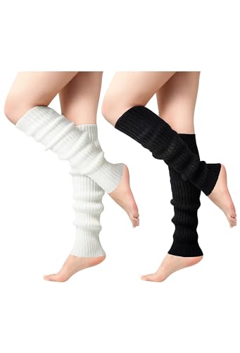 Difistik 2 Pairs Leg Warmers for Women Winter Knit Leg Warmers Japanese Style Stylish Warm Long Boot Socks for 80s Party Yoga Ballet Dance Ice Skating Accessories (Black + White)