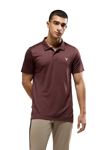 Image of TECHNOSPORT Men Polyester Self Design Polo Neck Half Sleeve T-Shirt with UPF50+, Double Cool for Gym, Sports and Regular Use