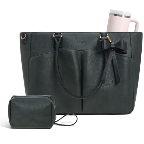 Image of Laptop Tote Bag for Women, Leather Work Tote with Padded Laptop Compartment, Cup Holder, Office Computer Briefcase