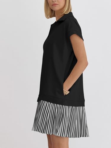 Image of Women's V Neck Short Sleeve Summer Dress Cap Sleeve Casual Loose Fit Pleated Striped Shirt Dress