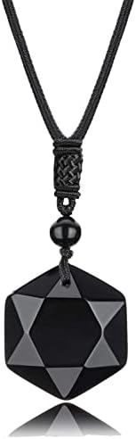 Black Obsidian Pendant Necklace, Hexagram Pendant Necklace Amulet Star Stone Necklace Hexagonal Stone Black Healing Crystal Necklace Reiki Necklace Black Gemstone Necklace for Women Men Teen Girls