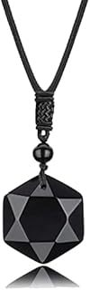 Black Obsidian Pendant Necklace, Hexagram Pendant Necklace Amulet Star Stone Necklace Hexagonal Stone Black Healing Crystal Necklace Reiki Necklace Black Gemstone Necklace for Women Men Teen Girls