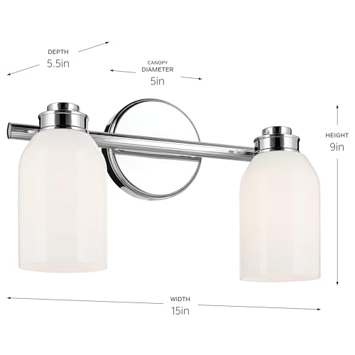 Image of Kichler Shae 2-Light Vanity Light, Chrome | Vanity light with white opal glass for bathroom vanities and mirrors (15 inch x 9 inch), 55201CH