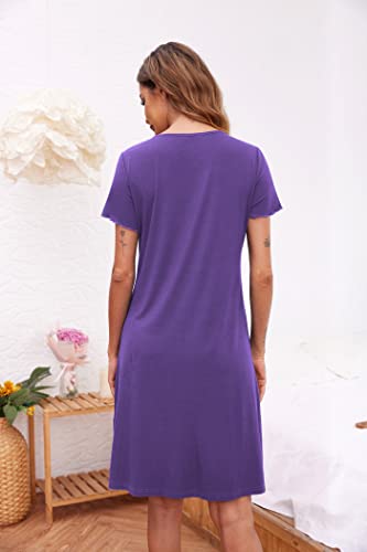 Image of Ekouaer Women's Nightshirt Short Sleeve Button Down Nightgown V-Neck Sleepwear Pajama Dress