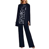 Duohropke 3-Piece Trouser Suit Women's Festive Leisure Suit Elegant Lace Tops Long Sleeve Cardigan and Trousers Chiffon Mother of the Bride Suit for Wedding Cocktail Outfit Elegant Evening Suit, navy