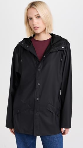 Image of RAINS Waterproof Jacket - Hooded Lightweight Raincoat, Men and Women | Waterproof PU rain jacket for men and women; 5000 mm water column, welded seams, hood with cap, snap placket, fishtail hem