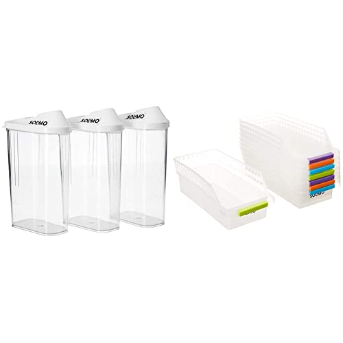 Image of Amazon Brand - Solimo Plastic Storage container Set with sliding mouth (Set of 3, 1100 ml) & Plastic Fridge Storage Organizer Racks, Set of 8,Silver