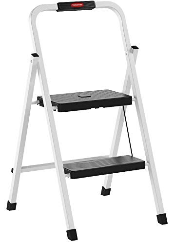 Rubbermaid RM-HSP2 Folding 2-Step Lightweight Steel Step Stool with Hand Grip, 200-Pound Capacity, White Finish