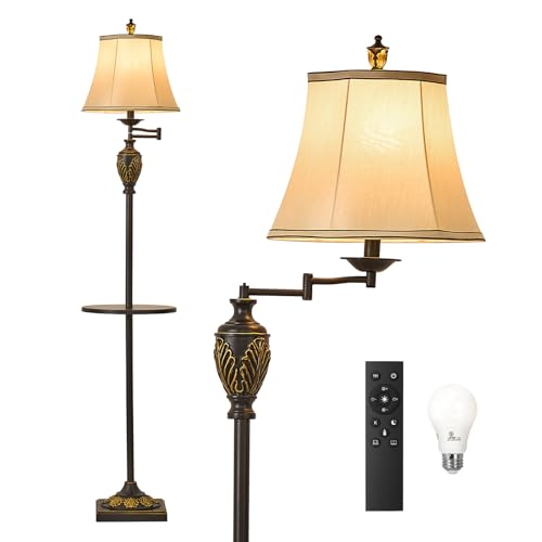 Traditional LED Floor Lamp with 350° Adjustable Swing Arm Lamp – Vintage Standing Pole lamp for Living Room, Bedroom and Office – Rustic Upright Floor Light for Home Décor with Silk Fabric S