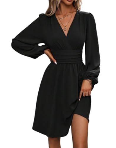 Vangreynve Damen Minikleid V-Ausschnitt A-Linie Kleider Elegant Hohe Taille Langarm Freizeitkleid Lange Ärmel-Schwarz 1 M