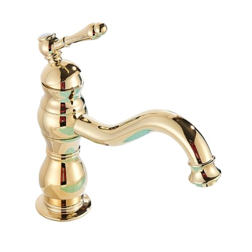 HADECOLL Grifo De Lavabo Dorado, Monomando, Mezclador De Agua Fría Y Caliente, Grifo para Lavabo De Baño, Grifo Giratorio De Latón Antiguo, Corto, Latón Antiguo, Dorado Brillante