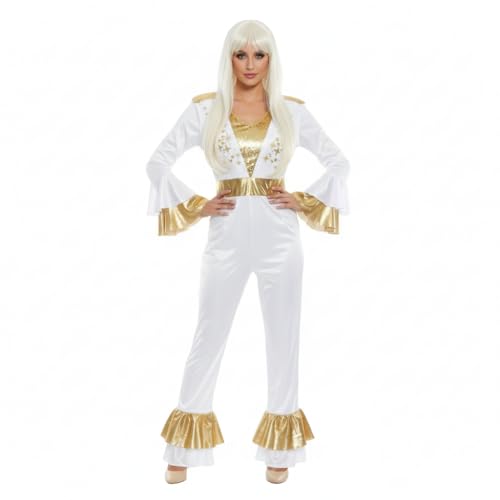 Ladies 1970s Disco Queen Jumpsuit and Blonde Pop Star Wig – Womens Fancy Dress Costume Size 14-16 – Retro Disco Outfit for Halloween, Parties & Dance Events