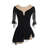 Vestido de Patinaje Artístico para Niñas, Confeccionado a Mano, con Mangas de Longitud Media, Maillot Leotardo Spandex, Color Liso, Ropa de Entrenamiento Mujeres,Negro,L
