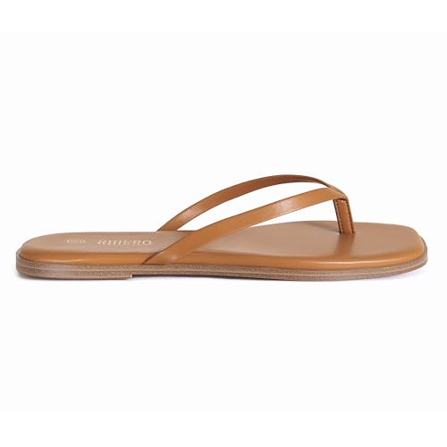 Image of Rihero Flip Flops for Women Comfortable Square Toe Beach Sandals Slip On Leather Thong Flat Sandals Dressy