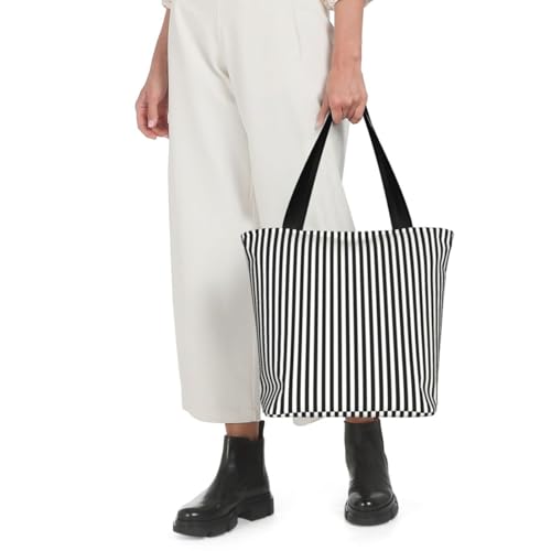 Vertical Gold Black And White Art Deco Stripes Reusable Zippered Shoulder Bag, Stylish Polyester Tote With Wide Handle & Inner Pocket, Lightweight Durable Shopping & Travel Bag4