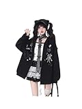 Xojbzoo Kawaii Cat Ear Zip Up Hoodie with Adjustable Bow Women's Oversized Y2K Sweatshirt Coquette Style Winter Jacket (Black,Medium)