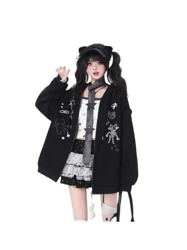 Xojbzoo Kawaii Cat Ear Zip Up Hoodie with Adjustable Bow Women's Oversized Y2K Sweatshirt Coquette Style Winter Jacket - Black - X-Large
