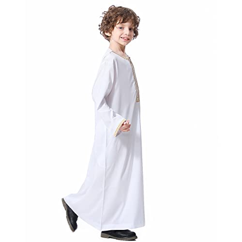 Imekis Kids Thobe For Boys Muslim Arab Boy's Islamic Dress Thobes Youth Long Sleeve Kaftan Embroidered Robe Arabic Full Length Solid Color Embroidery Prayer Clothes With Pockets White 4-5T #TOP2